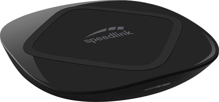 Schwarzes kabelloses Ladegerät der Marke Speedlink mit abgerundeten Kanten und modernem Design