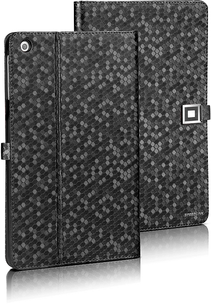 Hochwertige schwarze Tablet-Hülle mit geometrischem Muster, Vorder- und Rückansicht abgebildet