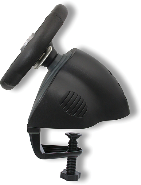 Schwarzes Gaming-Lenkrad mit stabiler Halterung zur Befestigung an einem Tisch, Seitenansicht