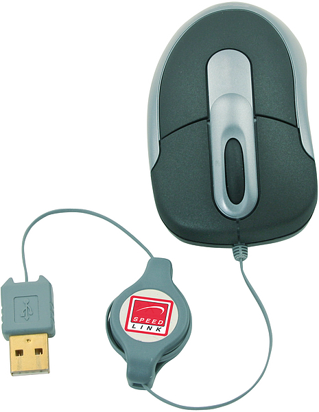 Abgebildet ist eine Speedlink USB Maus mit ausziehbarem Kabel in grau, ideal für den mobilen Einsatz am Laptop oder PC.
