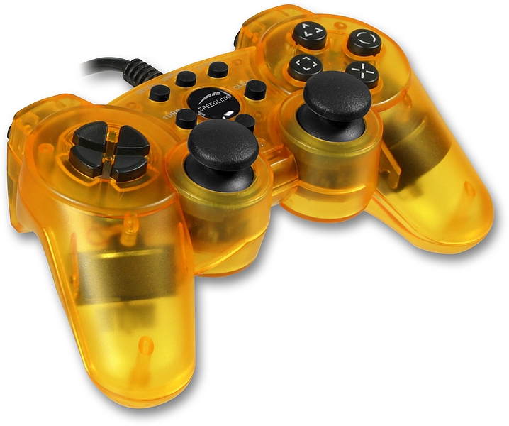 Gelber transparenter Gaming-Controller mit zwei Joysticks, Steuerkreuz und Tasten für PC oder Konsole