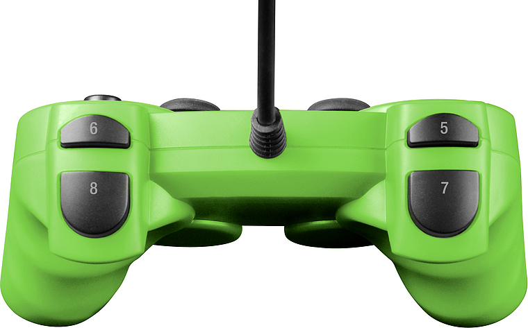 Vorderansicht eines grünen kabelgebundenen Gamepads mit den Tasten 5, 6, 7 und 8