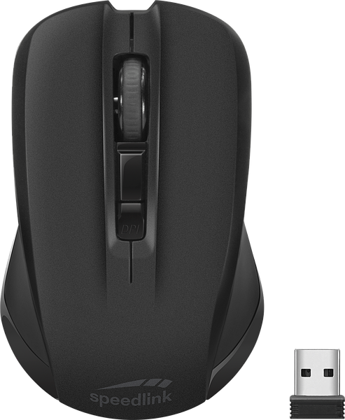 Abbildung einer schwarzen Speedlink Funkmaus mit ergonomischem Design und separat abgebildetem USB-Empfänger