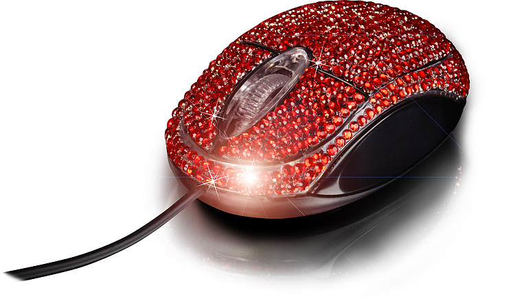 Rote, mit Strasssteinen verzierte Computermaus mit Kabel, luxuriöses Design, glänzende Oberfläche
