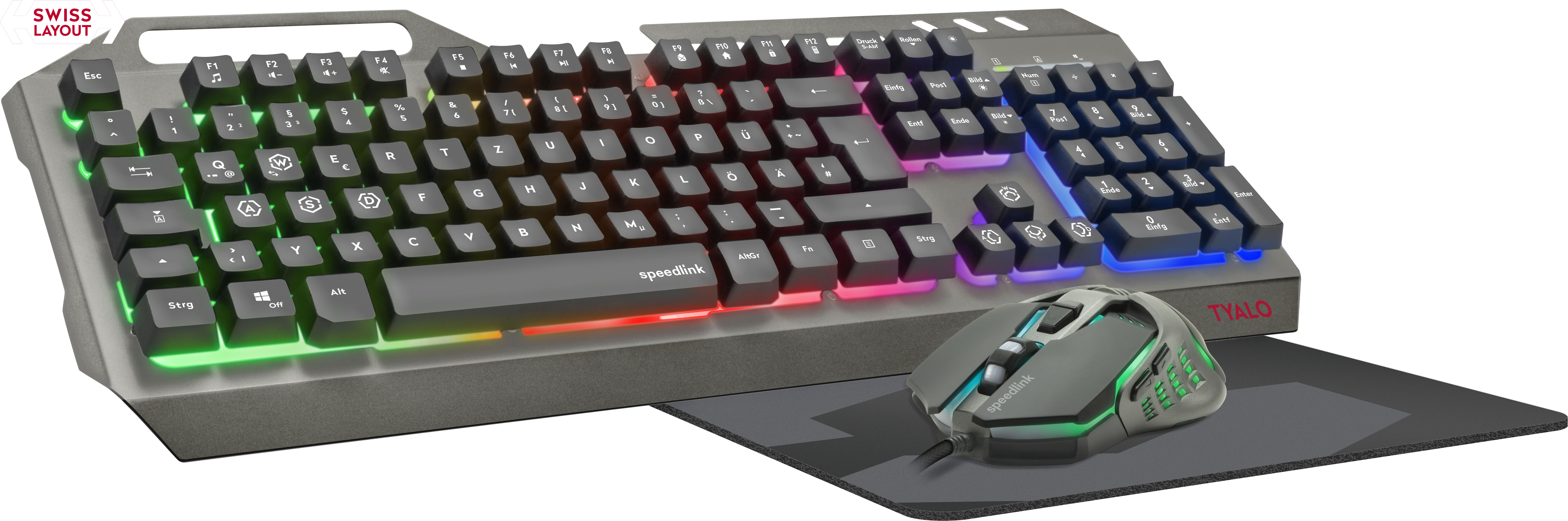 Speedlink Gaming-Tastatur im Swiss Layout mit bunter RGB-Beleuchtung und passender Gaming-Maus auf einem Mousepad
