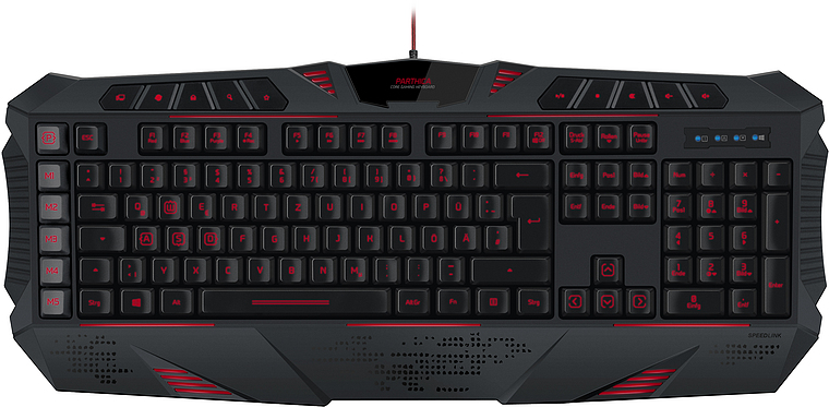 Schwarze Gaming-Tastatur mit roten LED-Leuchten, extragroßen Tasten und zusätzlichen Funktionstasten für optimale Spielsteuerung