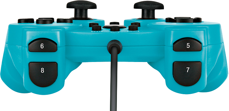 Vorderansicht eines blauen kabelgebundenen Gamecontrollers mit den Tasten 5, 6, 7 und 8
