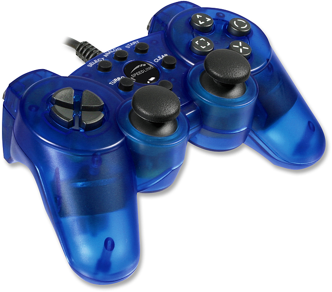 Blauer transparenter Gamecontroller mit zwei Analogsticks, Steuerkreuz und Funktionstasten