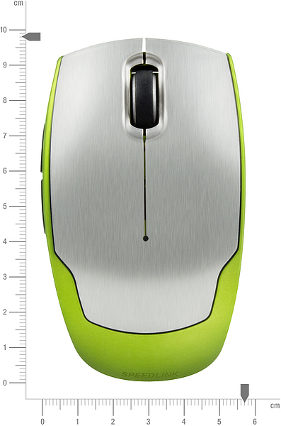 Kabellose SPEEDLINK Maus in Silber und Grün, von oben fotografiert, mit Maßangabe zur Größenbestimmung in Zentimetern