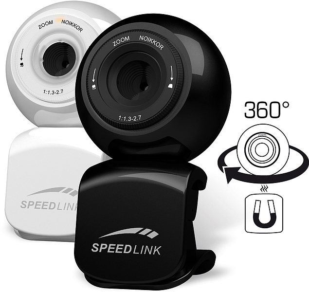 SPEEDLINK Webcam in Schwarz und Weiß mit 360-Grad-Drehfunktion und magnetischem Standfuß, ideal für Videokonferenzen und Online-Meetings