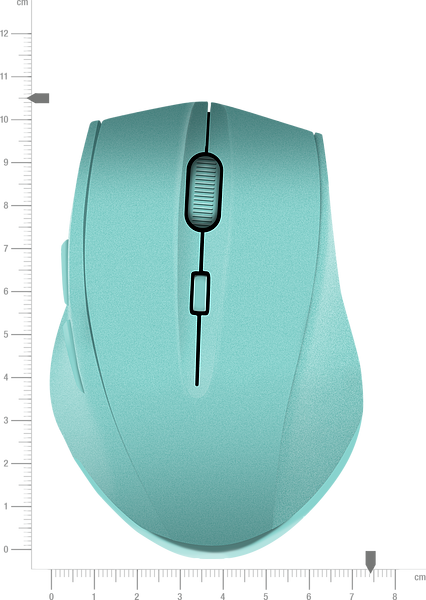 Obenansicht einer türkisfarbenen kabellosen Computermaus mit ergonomischer Form, neben einem Maßstab zur Größenbestimmung