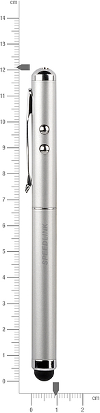 Silberner Kugelschreiber mit Laserpointern und Touchspitze, ca. 13 cm lang, vertikal an einem Zentimetermaßstab ausgerichtet
