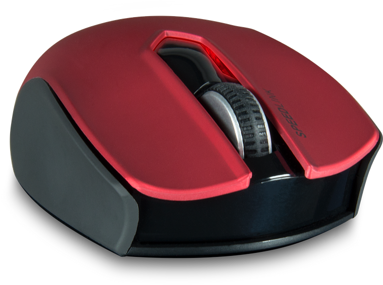 Abbildung einer rot-schwarzen kabellosen Computermaus mit ergonomischer Form und Scrollrad
