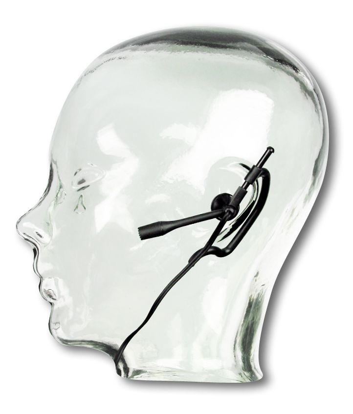 Headset mit Mikrofon, auf einem Glas-Kopf platziert, Seitenansicht