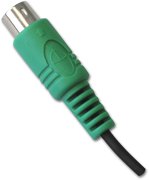 Nahaufnahme eines grünen PS/2-Steckers mit Kabel zur Verbindung von Computermaus oder Tastatur