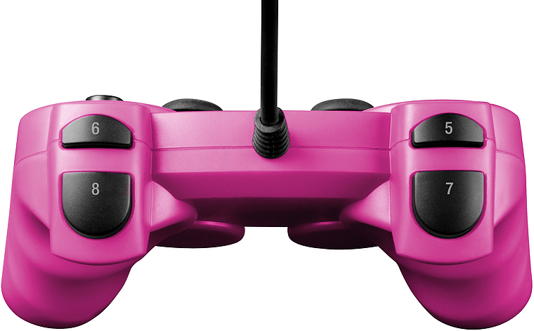 Vorderansicht eines pinken kabelgebundenen Controllers mit den Tasten 5, 6, 7 und 8