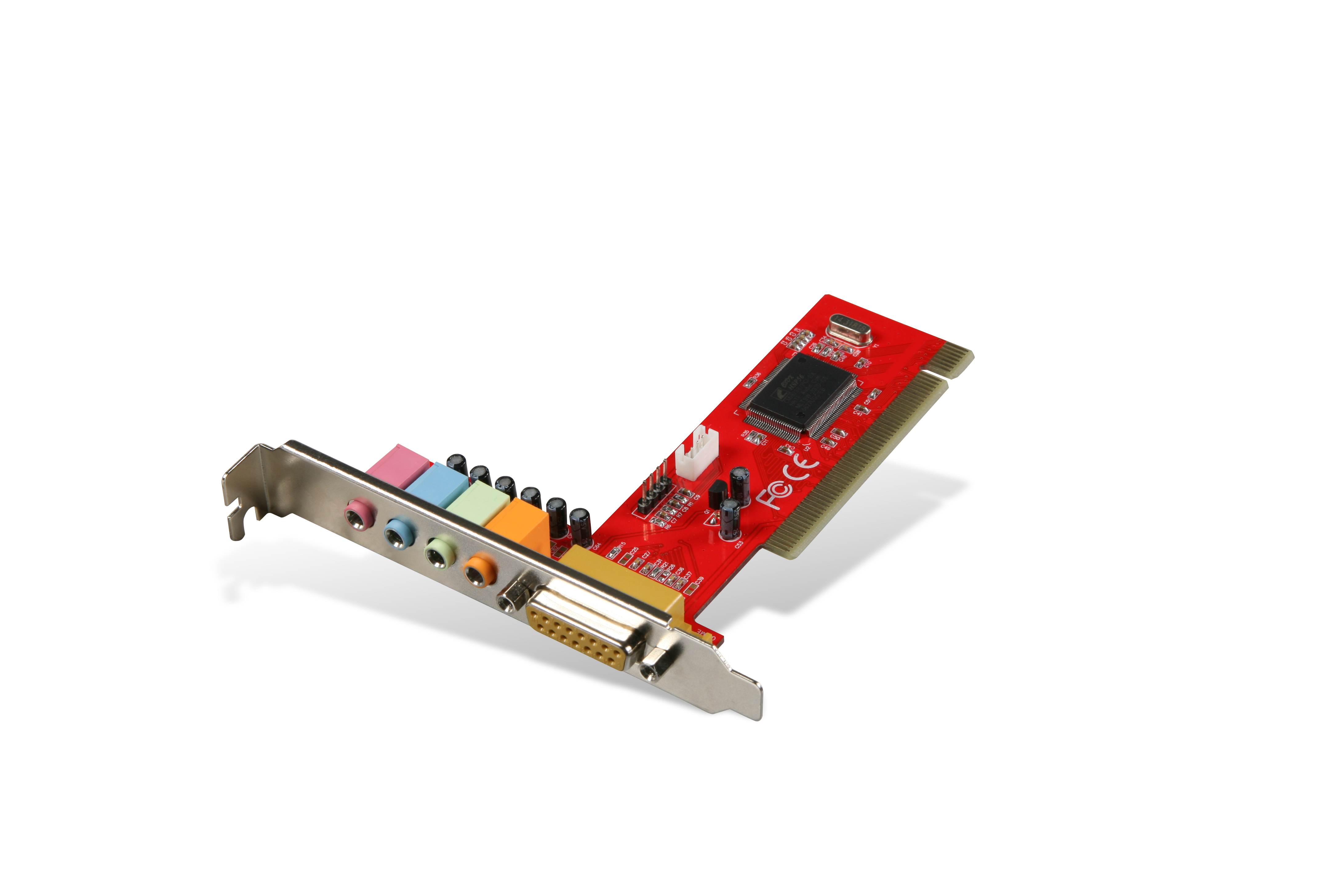 Abbildung einer internen PCI Soundkarte mit farbigen Audioanschlüssen und roter Platine für Computer