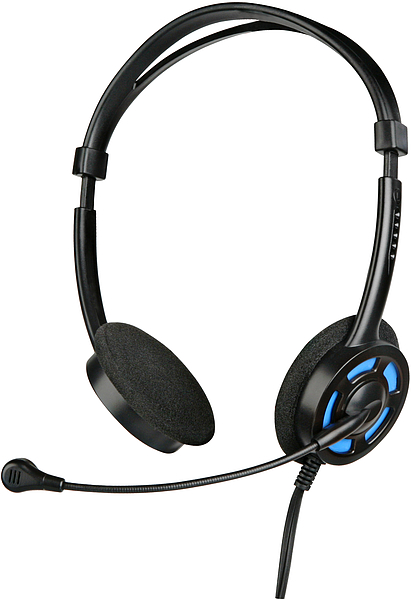 Schwarzes Headset mit Mikrofon, bequemen Ohrpolstern und blauem Ring, geeignet für Büro und Home Office