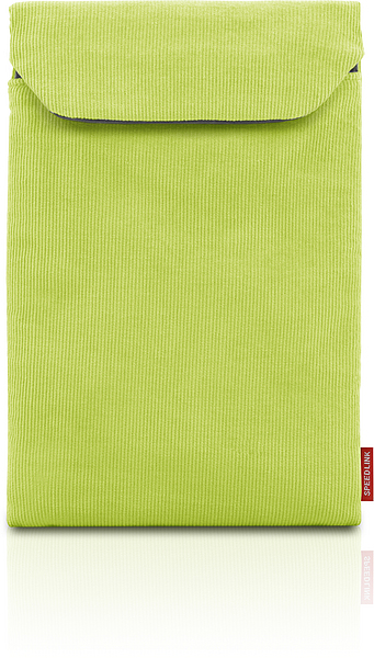 Schlichte, grüne Laptophülle aus Cordstoff mit praktischem Klettverschluss, geeignet für Notebooks