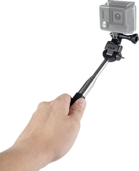 Hand hält einen Selfie-Stick mit montierter Actionkamera, geeignet für Selfies und Aufnahmen