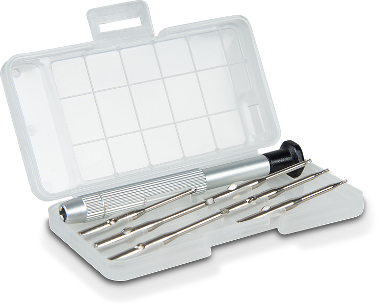 Präzisions-Schraubendreher-Set mit mehreren auswechselbaren Einsätzen in einer transparenten Aufbewahrungsbox