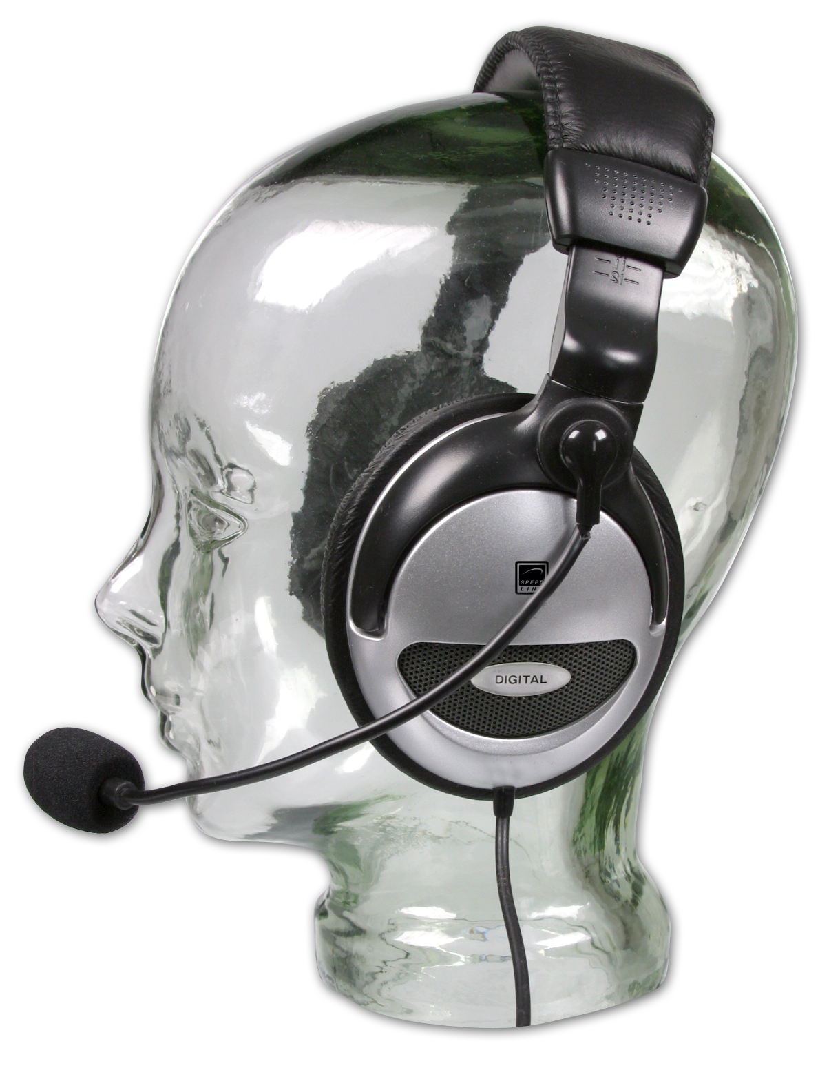 Headset mit Mikrofon und gepolstertem Kopfbügel, präsentiert auf einem gläsernen Modellkopf, geeignet für digitale Kommunikation
