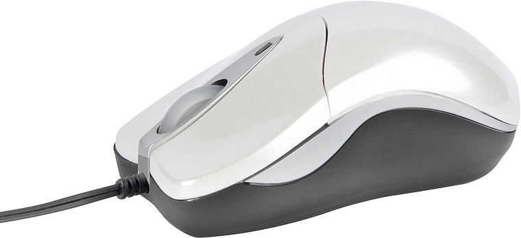 Silber-schwarze kabelgebundene Computermaus mit ergonomischem Design und Scrollrad