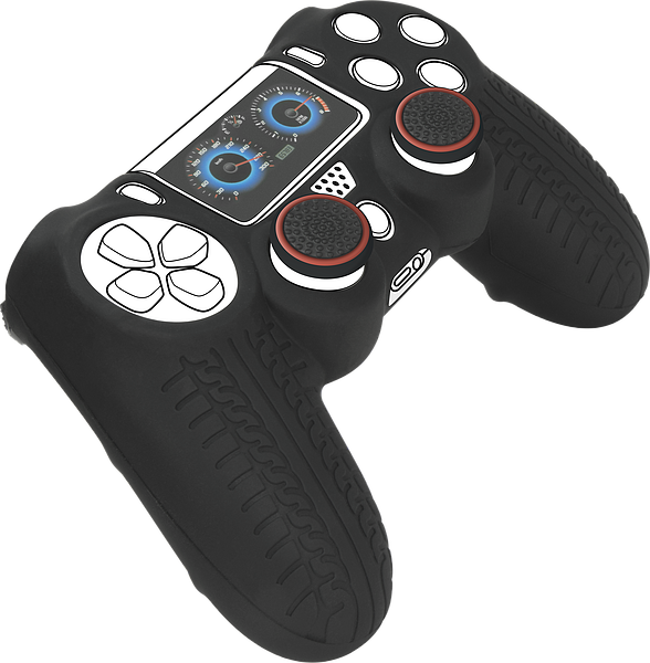 Abgebildet ist ein schwarzer Gaming-Controller mit rutschfester Griffstruktur, roten Akzenten und Doppellayout für Konsolen.