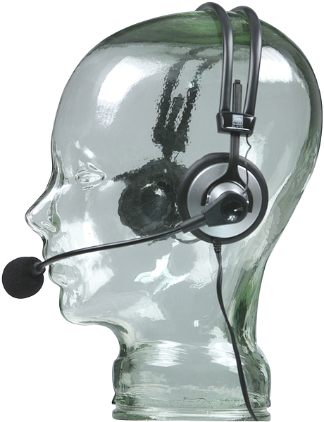 Ein Headset mit Mikrofon wird auf einem transparenten Glaskopf präsentiert