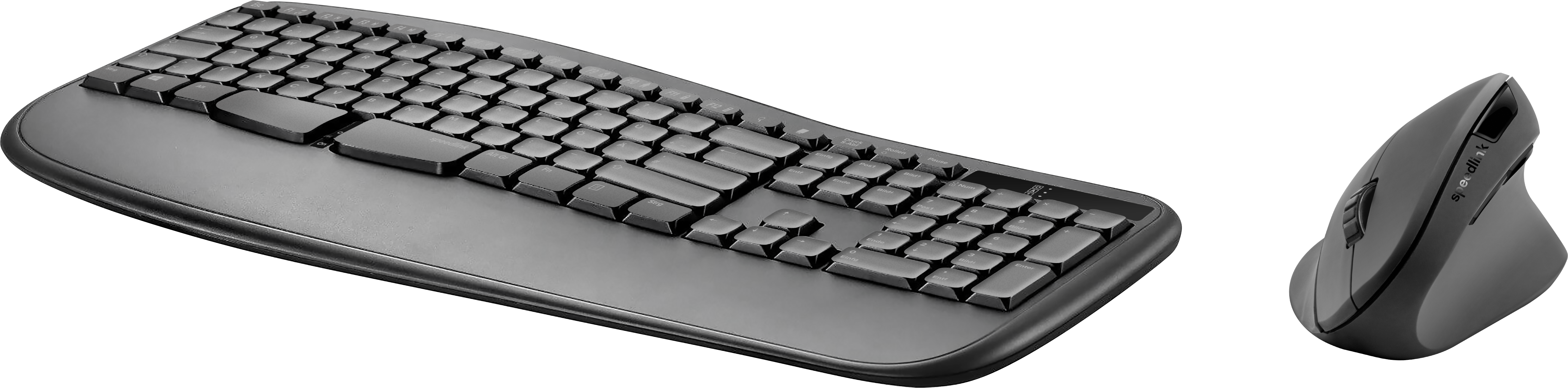 Abbildung eines ergonomisch geformten Tastatur- und Maus-Sets in Schwarz, ideal für gesundes und komfortables Arbeiten am Computer