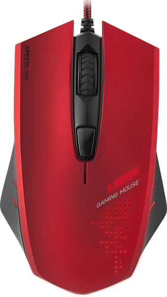 Abbildung einer roten Speedlink LEDOS Gaming Maus mit ergonomischem Design und seitlichen Tasten
