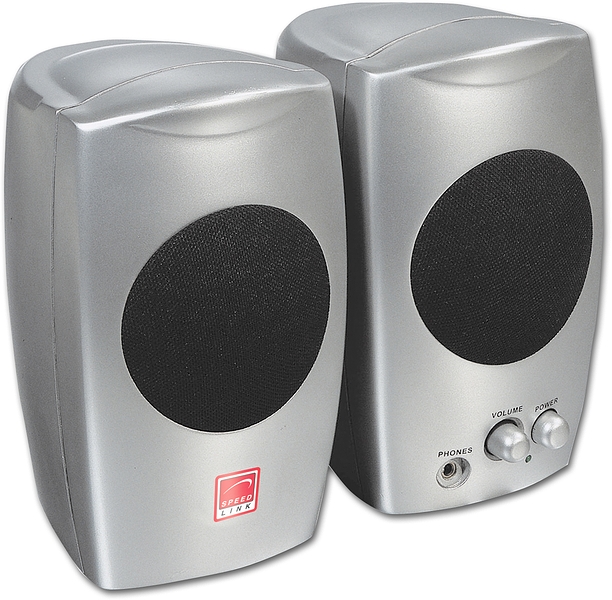 Zwei silberne Lautsprecher der Marke Speedlink, geeignet für den Einsatz am Computer, mit Bedienelementen auf der Vorderseite