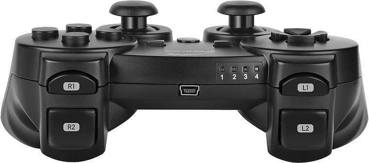 Vorderansicht eines schwarzen kabellosen Gamecontrollers mit Schulter- und Trigger-Tasten, geeignet für PlayStation oder PC