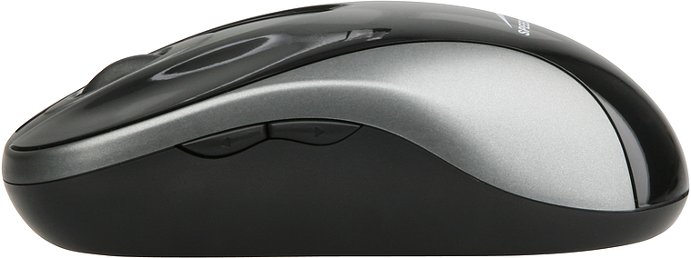 Seitliche Ansicht einer ergonomischen, kabellosen Computermaus in Schwarz und Silber mit zwei Seitentasten