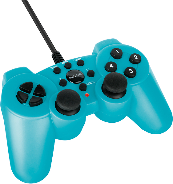 Blauer kabelgebundener Spielecontroller mit zwei Analogsticks und mehreren Tasten, geeignet für Computer