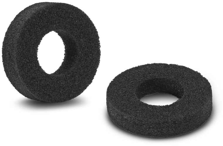 Zwei schwarze, runde Schaumstoff-Ohrpolster als Ersatz für Kopfhörer, auf weißem Hintergrund
