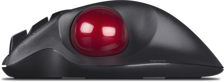 Seitenansicht einer Speedlink Trackball-Maus in Schwarz mit auffälliger roter Kugel