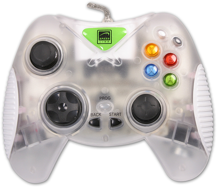 Speedlink Gamecontroller in transparentem Gehäuse mit Joysticks und farbigen Bedientasten