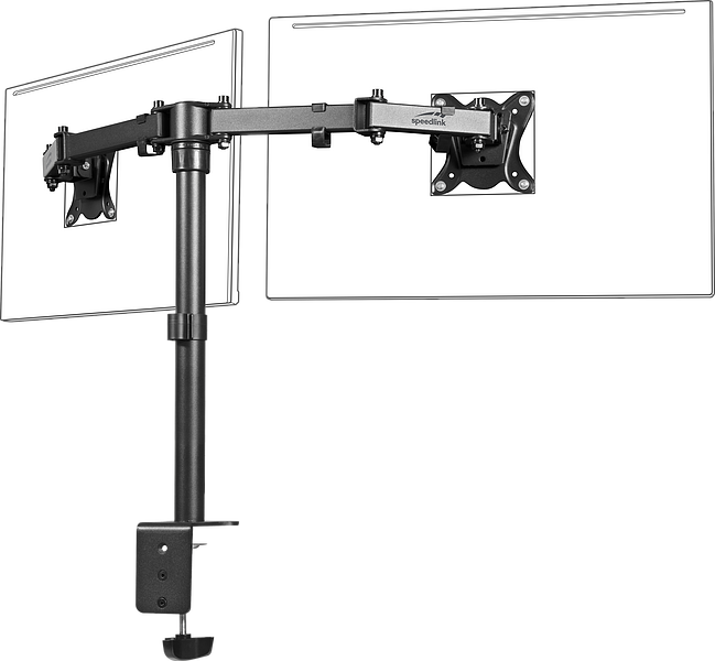 Schwarze Monitorhalterung für zwei Monitore mit verstellbaren Armen zur Befestigung am Schreibtisch