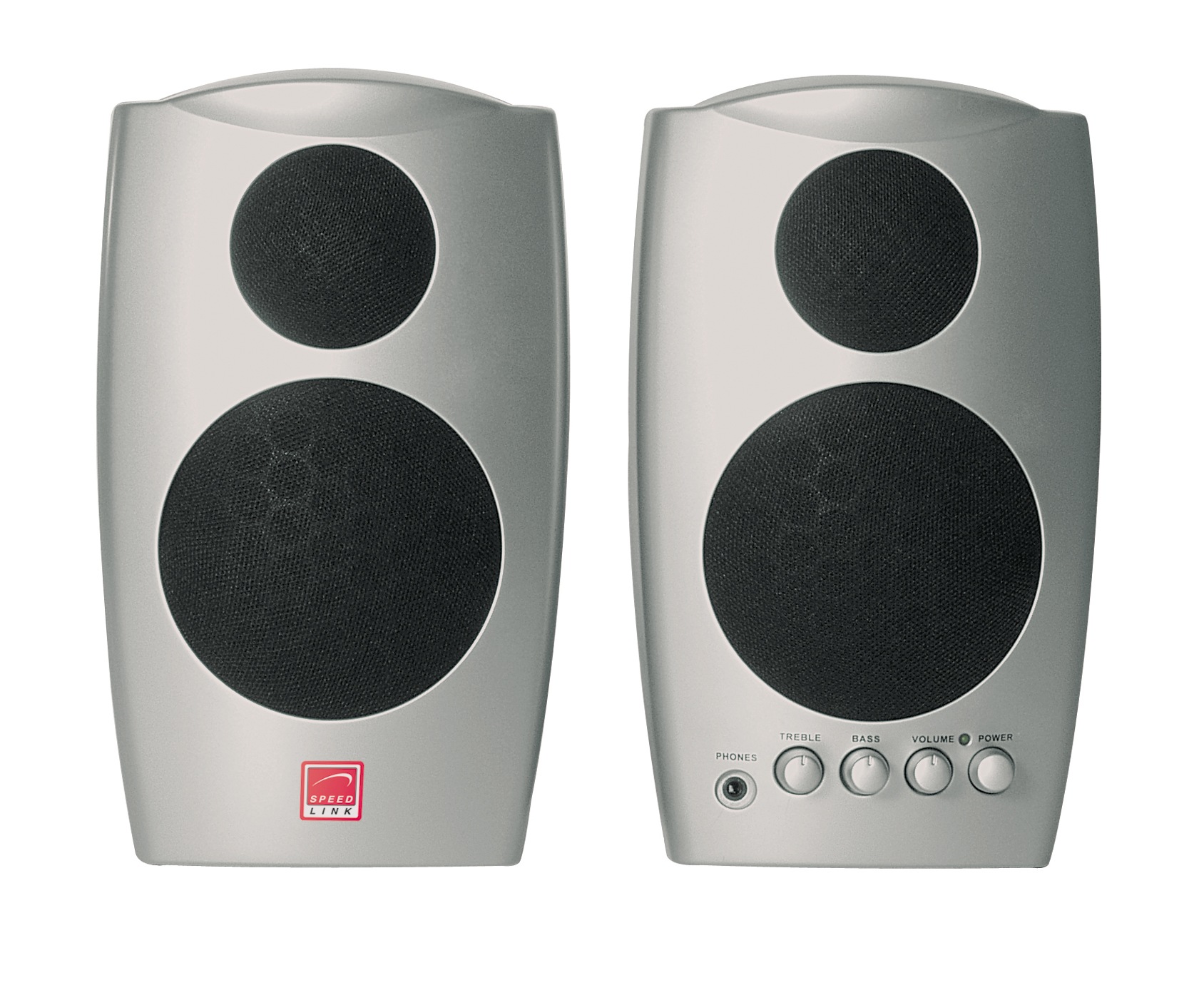 Zwei silberne Speedlink Stereo Lautsprecher mit schwarzem Lautsprechergitter und Bedienelementen für Höhen, Bass und Lautstärke