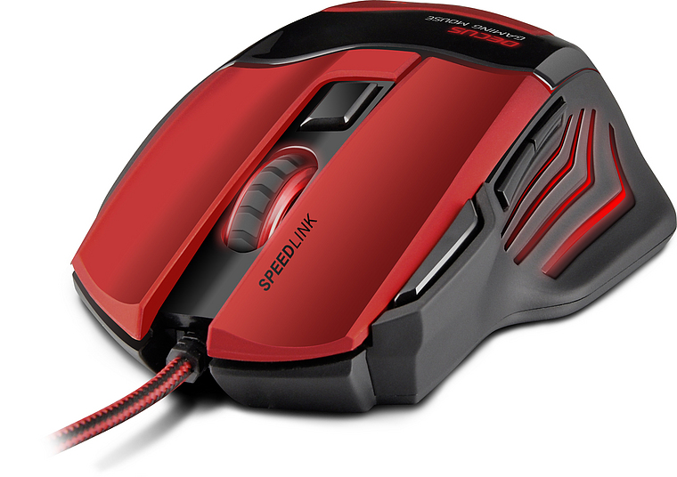 Abbildung einer roten Speedlink Gaming-Maus mit Kabel und ergonomischer Form, ideal für Computerspiele
