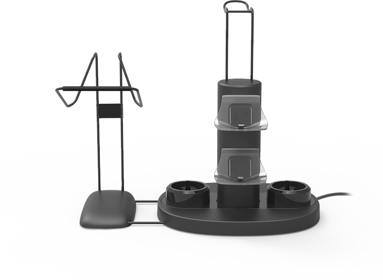 Schwarze Mehrfach-Ladestation mit zwei Ladeplätzen und Halterungen für Haushaltsgeräte und Zubehör