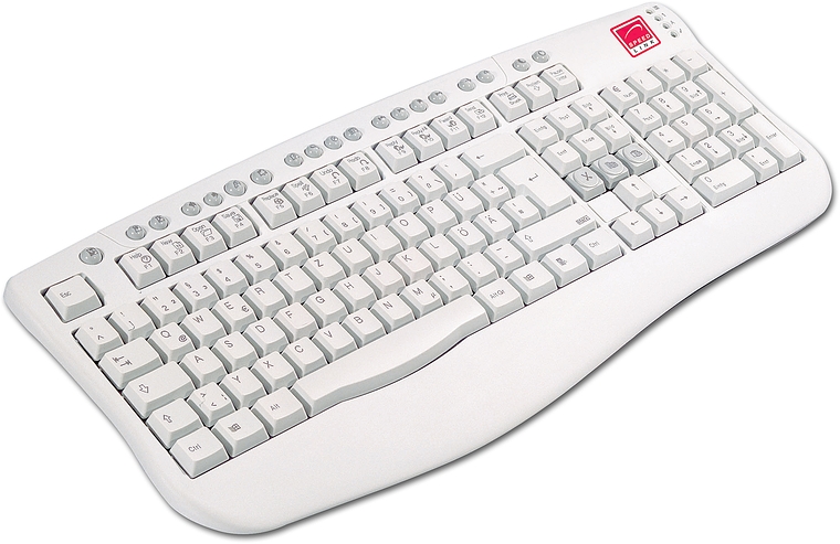 Abbildung einer weißen ergonomischen Tastatur mit deutschem QWERTZ-Layout und zahlreichen Funktionstasten