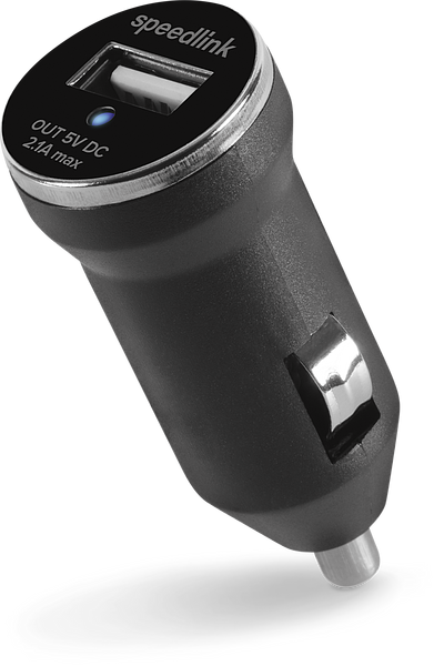 Schwarzes Speedlink USB Kfz-Ladegerät mit 5V/2,1A Ausgang zum Aufladen von Smartphones und Tablets im Auto