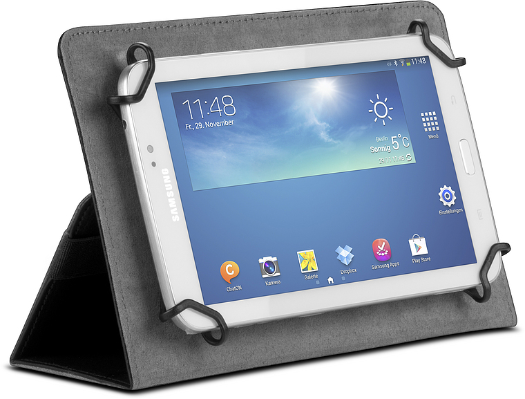 Weißes Samsung Tablet mit grauer Schutzhülle, aufgestellt und einsatzbereit, Display eingeschaltet
