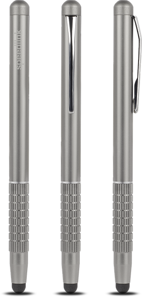 Abbildung eines silbernen Metall-Stylus-Stifts für Tablets oder Smartphones, dreimal aus verschiedenen Perspektiven gezeigt