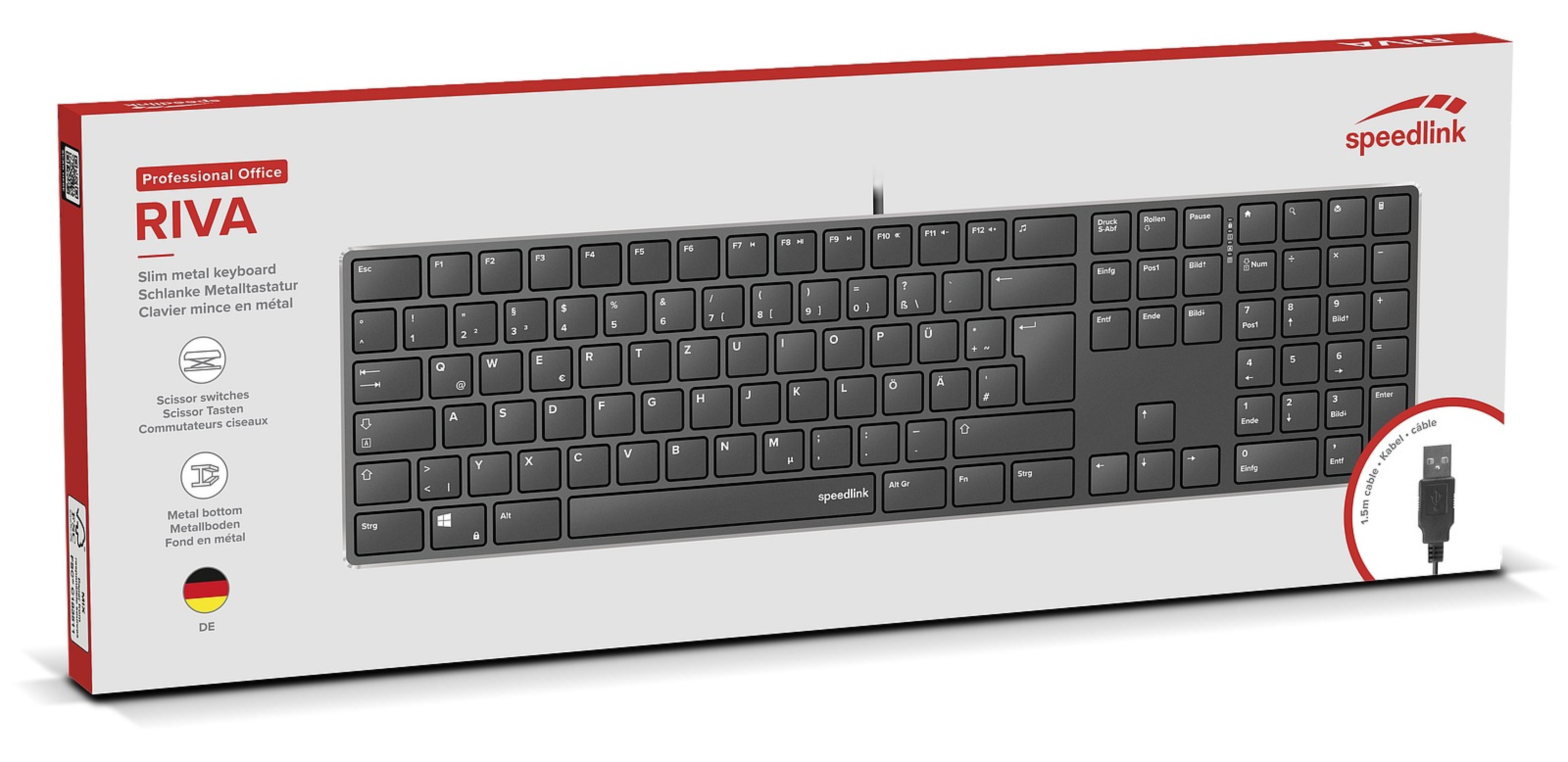 RIVA Slim Metal Scissor Keyboard, black - DE Layout