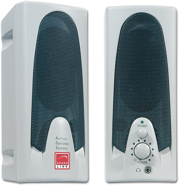 Zwei weiße Speedlink Aktiv-Lautsprecher mit Lautstärkeregler und Netzschalter, geeignet für Computer oder Laptop