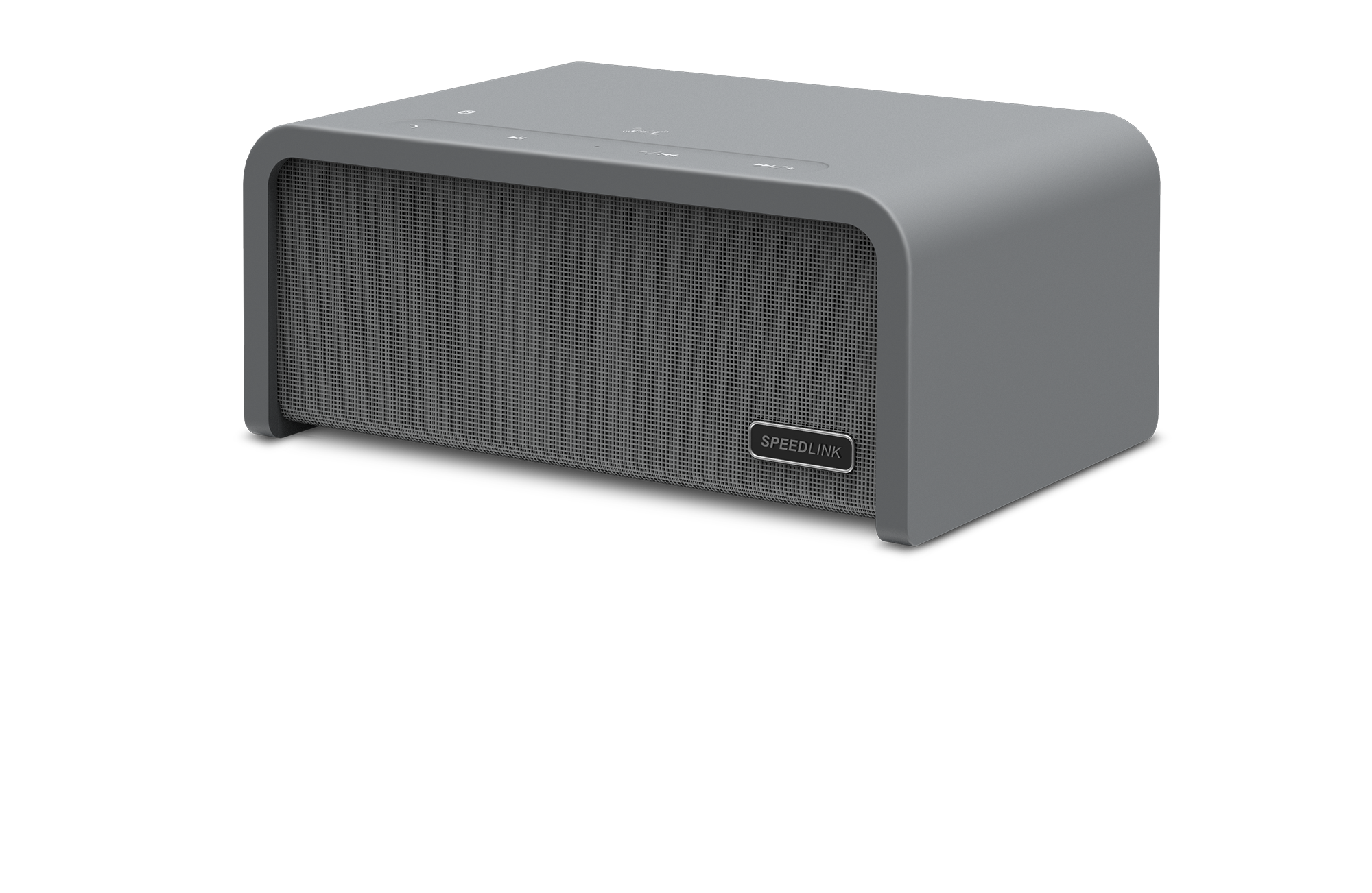 Grauer SPEEDLINK Bluetooth-Lautsprecher mit abgerundeten Kanten und Bedienfeld auf der Oberseite, kabellos verwendbar
