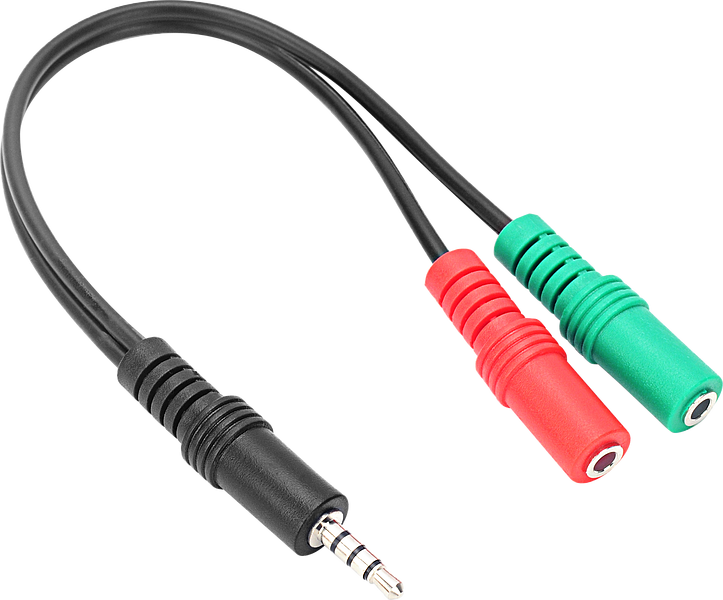 Audio-Kabeladapter mit einem 3,5mm Klinkenstecker auf zwei 3,5mm Klinkenbuchsen in Rot und Grün für Stereo-Sound